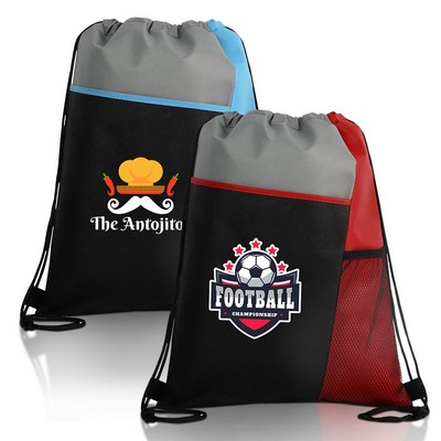 Tri Colored Drawstring Backpack With Mesh Pocket